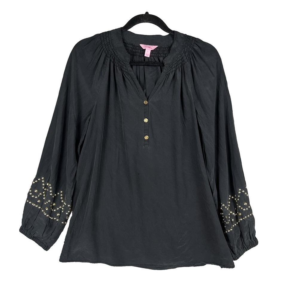 Lilly Pulitzer Blouse Top Boho Silk Studded Sleeve Smocked Small Gold Buttons